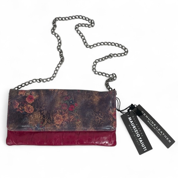 Italian Leather Floral Clutch Dark Pink‎ Evening Bag - Picture 2 of 16